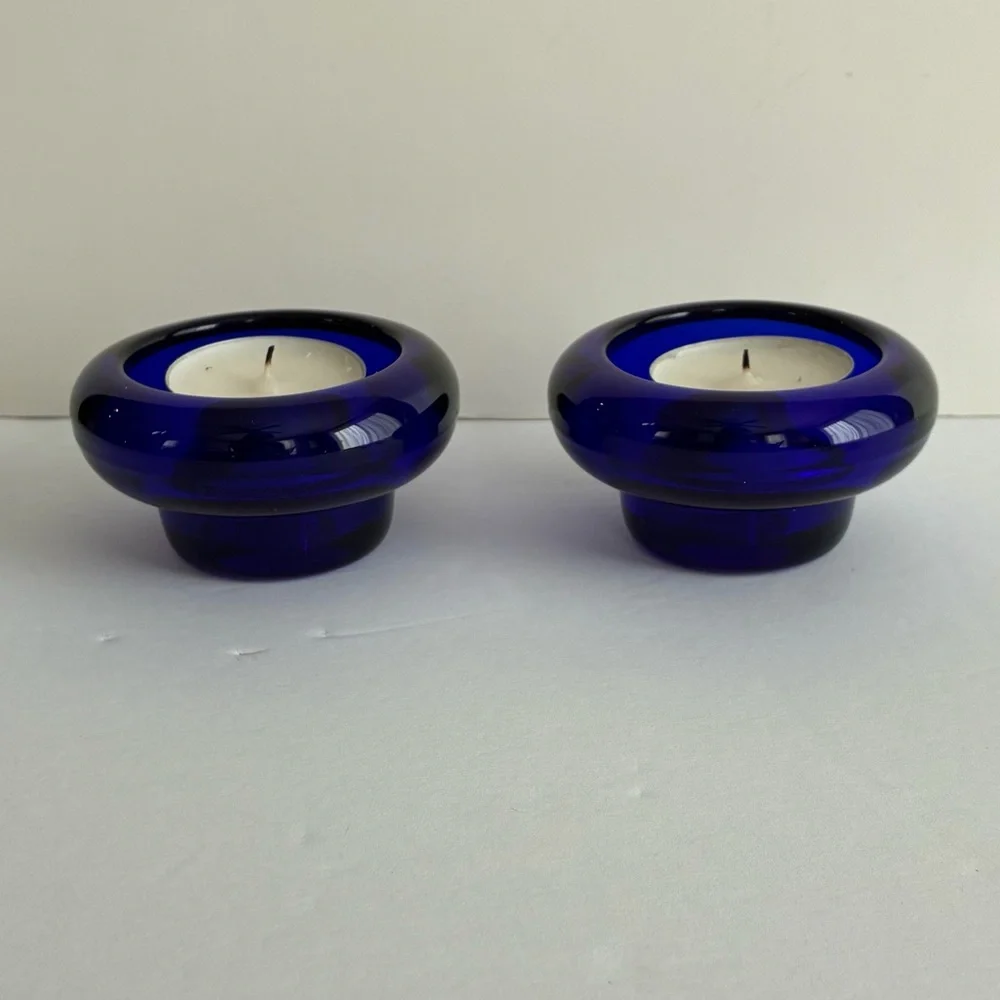 France Glass Cobalt Blue Taper or Votive Candle Holders Stackable Set 2